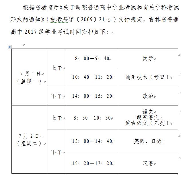 2019年7月吉林省普通高中學業考試時間安排